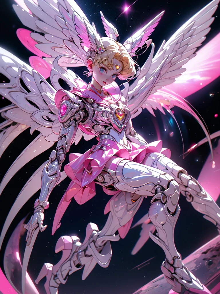 1 mechanical girl: 1.4, Sailor Moon, white mechanical arm, humanoid body, pink sailor suit, good-looking face, sailor Moon, moon hare, rabbit ears, mechanical ears, white blouse, blonde hair, mechanical arm, pink skirt, side, heart-shaped robot in the background, sci-fi background, complex background, hair glowing hair, forehead hair light, moon, panorama, mechanical wings, large wings in the background