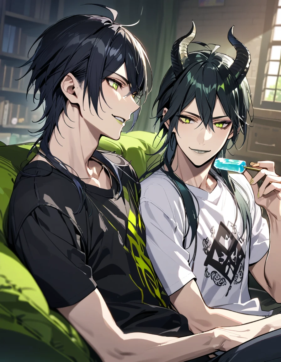 masterpiece, best quality, extremely detailed, anime , upper body, ((2boys)), BL, male focus, ikemen:1.5, looking at each other, holding ice candy, T-shirt, short sleeves, room, sitting on sofa,full body, malleus draconia (twisted wonderland) horns, bishounen, boy, male, yana Toboso style, long hair, black hair, yellow green eyes, smile, gray lips, handsome, skinny, tall, yellow green glow,AddXL