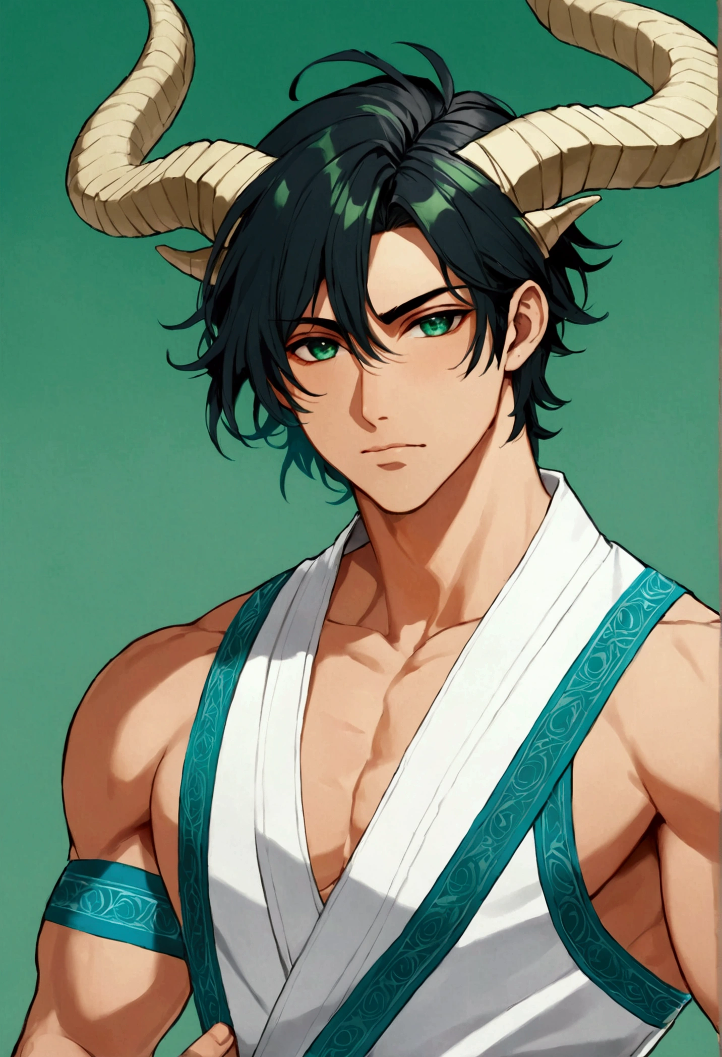 muscular young man, skin fair, black hair, short and a little cut at the top, a thick fringe that covers the right side of the face and keeps the rest tied in a ponytail, olhos verdes esmeralda,dragon horns, A white kimono , designed with blue details, along with a blue band to hold it, bandage on your arms