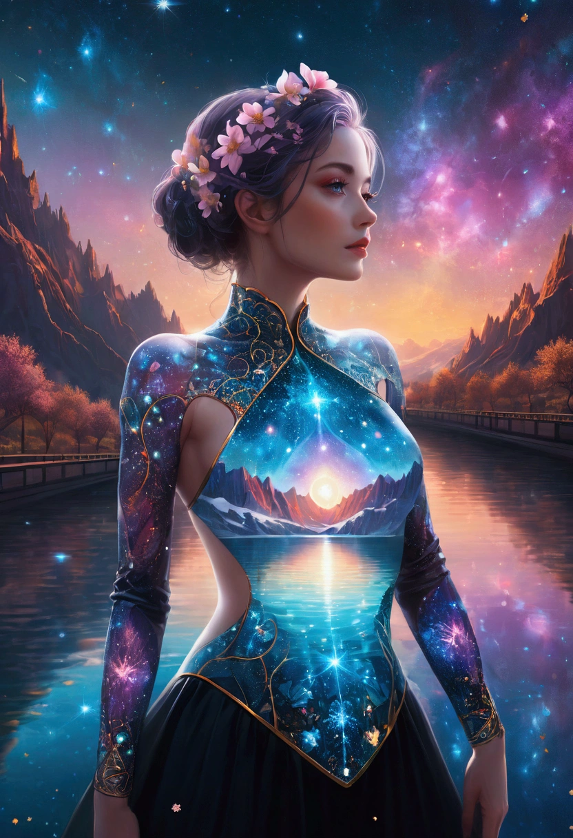 Artwork by Brandon Woelfel (Alex Gray:1.07), Future Utopia, nebula, Flowers, river, (Double Exposure:1.3) ,1 photo of sexy lady，Looking at the audience, Wearing a brocade underbust dress, Optical illusion, Fantasy Art, Made of iridescent crystal glass mosaic with sub-diffusing mirror，Bokeh sky,Dramatic month, Amazing depth, Complex and detailed fine-cracked surface, stunning atmosphere, Mesmerizing whimsical vibrant landscapes, High Detail, number, complex, 8K,