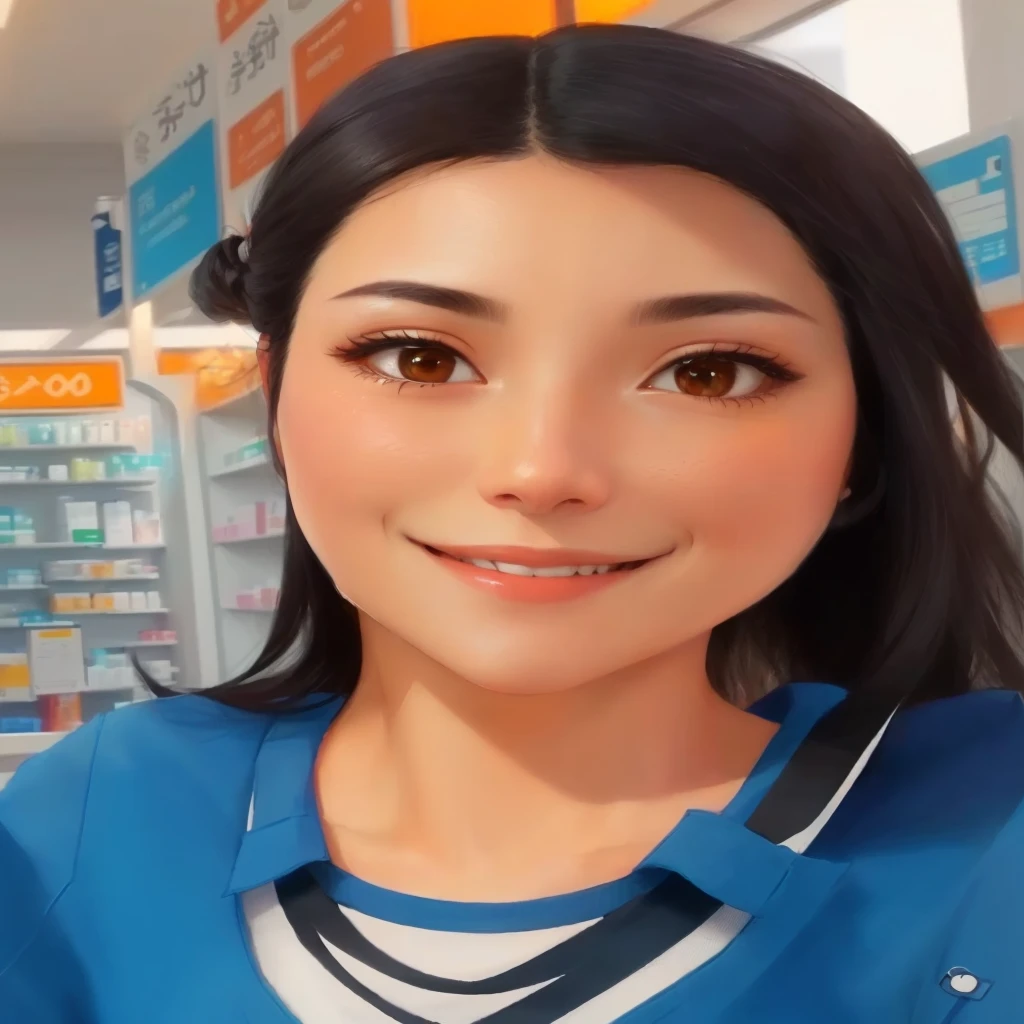 A woman with white skin, elongated face, Grinning, loose medium straight black hair, very small black eyes, slightly slanted, slim, Grinning,
white pharmacy uniform style shirt with a small logo, youthful appearance, orange pants,
8k, no pissing style