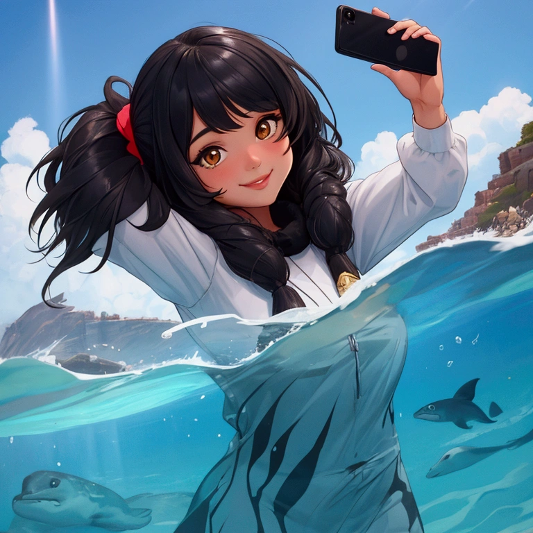 A girl takes a selfie with fur seals in the background, rizhaya girl smiles