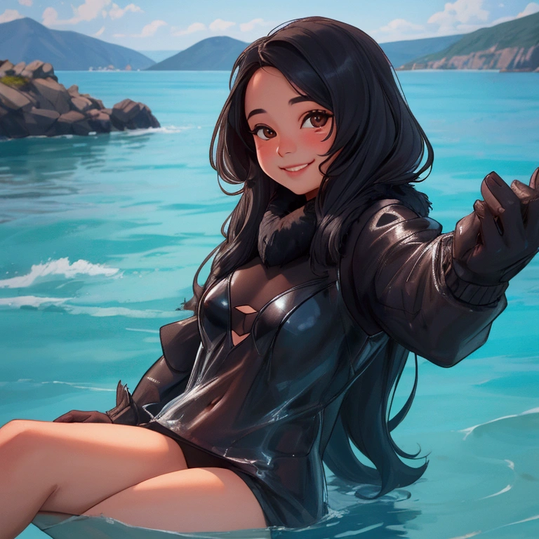 A girl takes a selfie with fur seals in the background, rizhaya girl smiles