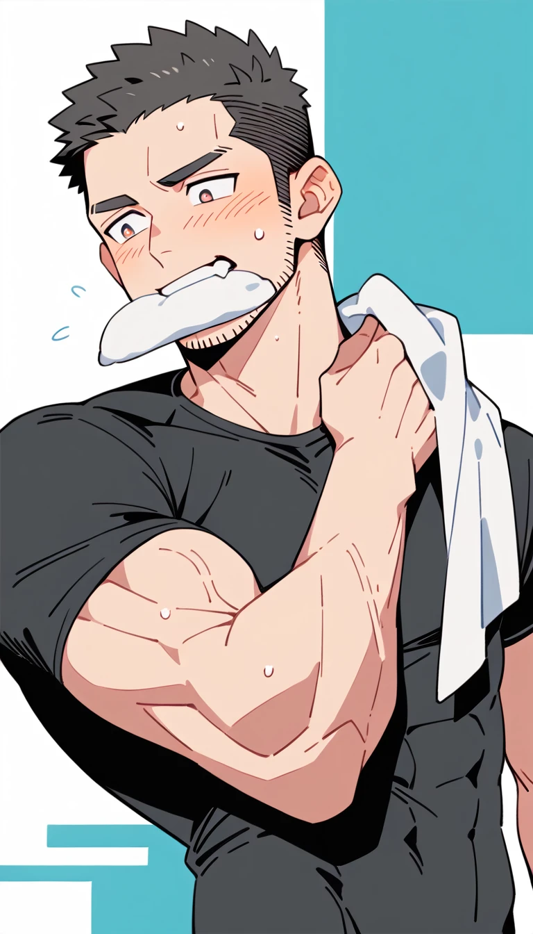 anime characters：Priapus, Muscle Sports Student, Buzz Cut, Manliness, male focus, Dark black tight T-shirt, Very tight, Sweat soaks clothes, full and perky chest muscles, muscular male, muscular, only, Upper body, Perfect muscular waist, alone, Black short hair, Thick eyebrows, stubble, Brown-red pupils, White background, simple background, amazing quality, best aesthetics, Ridiculous, crew cut, blush, mouth hold, Biting a white cotton towel in the mouth, embarrassed, shy, endured face, negative space, best quality