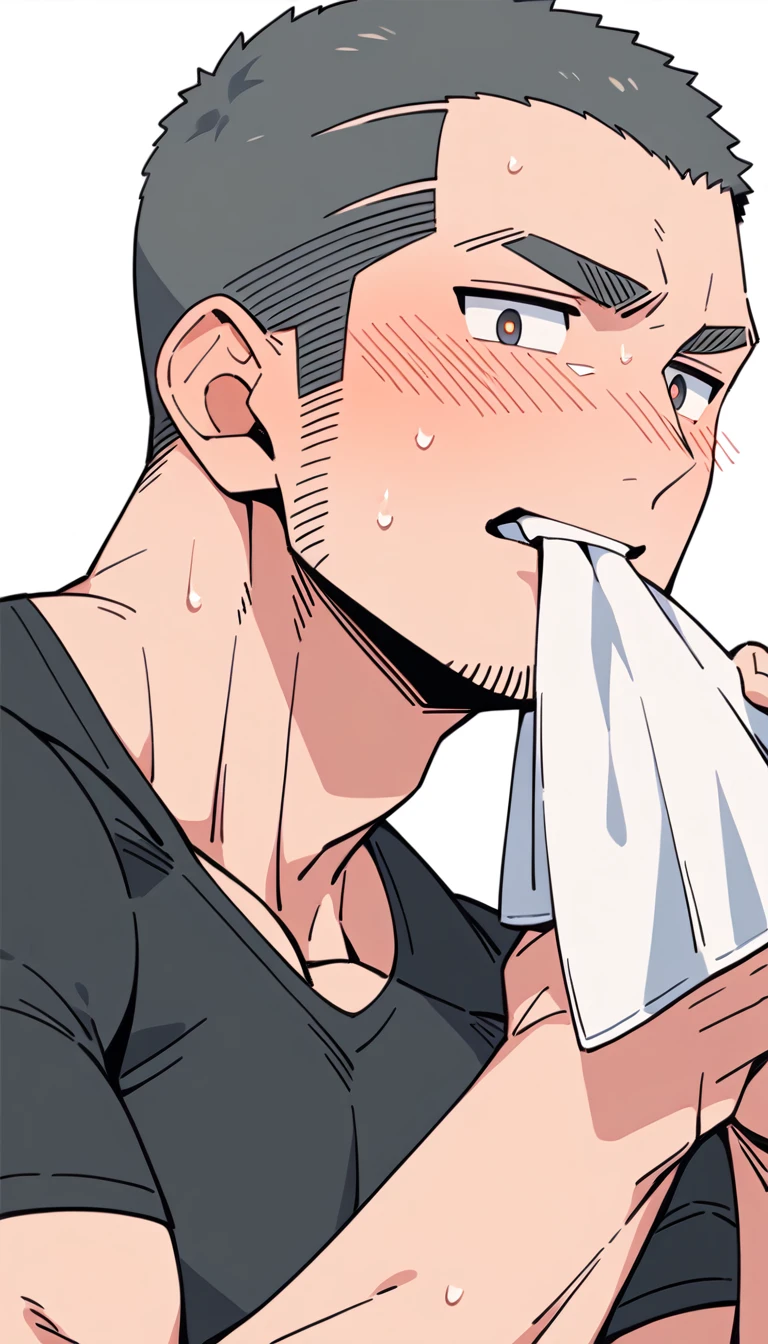 anime characters:Priapus, Muscle Sports Student, Buzz Cut, Manliness, male focus, Dark black tight T-shirt, Very tight, Sweat soaks clothes, full and perky chest muscles, muscular male, muscular, only, Upper body, Perfect muscular waist, alone, Black short hair, Thick eyebrows, stubble, Brown-red pupils, White background, simple background, amazing quality, best aesthetics, Ridiculous, crew cut, blush, mouth hold, Biting a white cotton towel in the mouth, embarrassed, shy, endured face, negative space, best quality