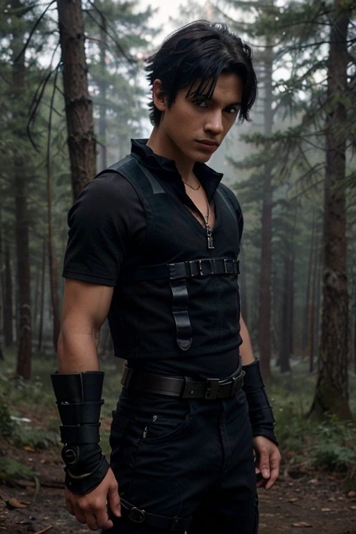 10K, Nat Zang, Teen Wolf,boy, 18 years old, short messy black hair, slim muscular build, blue eyes, military vest, black short sleeve shirt, dark black, black hunter belt, light brown combat boots, pendant crow, black fingerless gloves forest background with fog