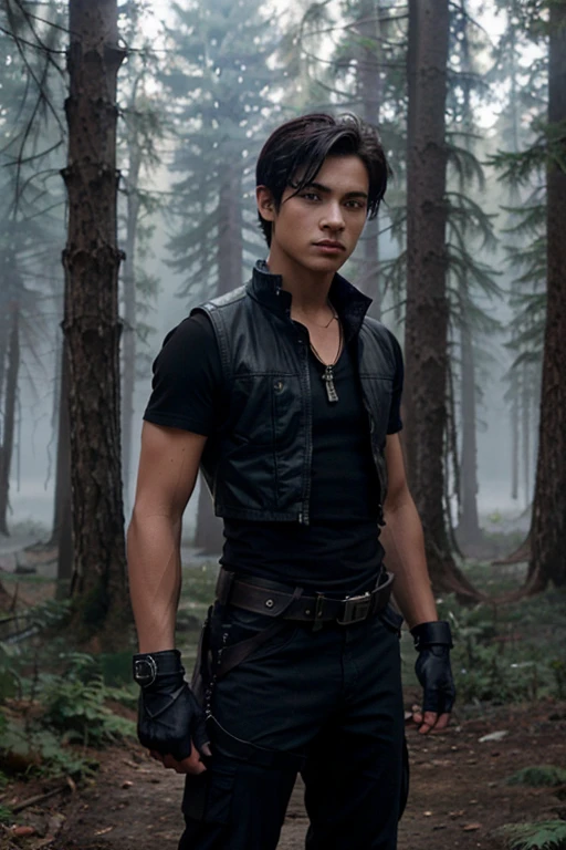 10K, Nat Zang, Teen Wolf,boy, 18 years old, short messy black hair, slim muscular build, blue eyes, military vest, black short sleeve shirt, dark black, black hunter belt, light brown combat boots, pendant crow, black fingerless gloves forest background with fog