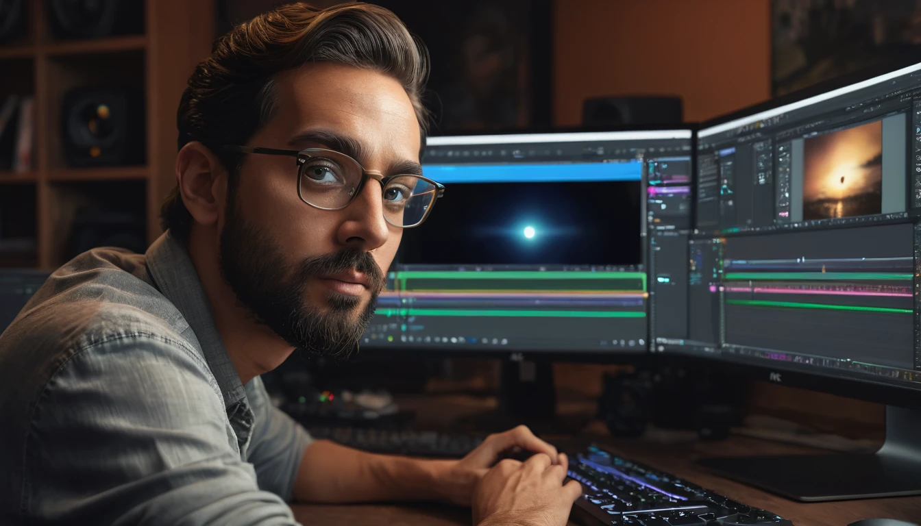 a man editing video on a computer, detailed face, detailed eyes, detailed hands, focused expression, professional video editing software, high-end studio setup, digital art, cinematic lighting, warm color tones, photorealistic, (best quality,4k,8k,highres,masterpiece:1.2),ultra-detailed,(realistic,photorealistic,photo-realistic:1.37)