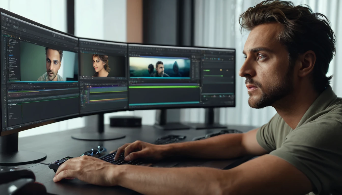 a man editing video on a computer, detailed face, detailed eyes, detailed hands, focused expression, professional video editing software, high-end studio setup, digital art, cinematic lighting, warm color tones, photorealistic, (best quality,4k,8k,highres,masterpiece:1.2),ultra-detailed,(realistic,photorealistic,photo-realistic:1.37)