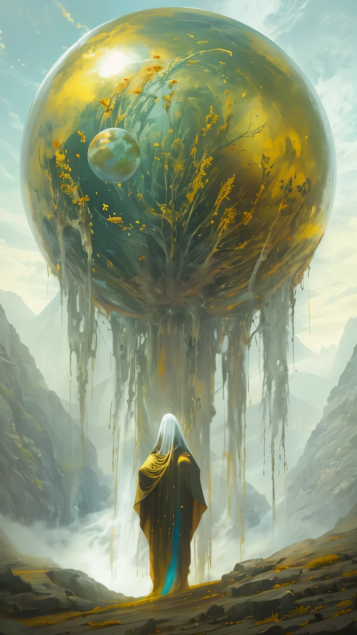 a gigantic faceless divine creature, cybernetic body, no face, no eyes, no nose, no mouth, large floating sphere head, 4 arms, golden and white color, impressive and magnificent, very colorful, beautiful and colorful landscape background, waterfalls, best quality, best light, very realistic, dynamic point of view, apocalyptic scene, view from below