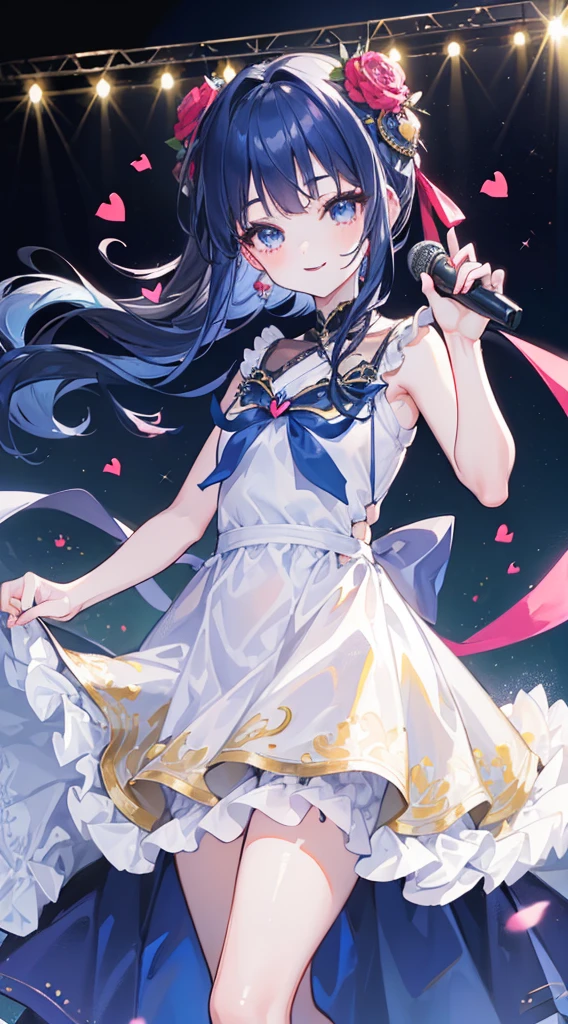 (((32k))), (16K), (8k), (4K), (((32k heart background))), (((pretty girl))), (((pretty girl))), (Beautiful quality eyes), (Cute Smile), (((dress))), (((stage))), ((Hold the microphone)), Navy Blue Hair