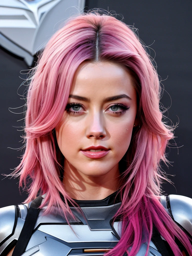 AMBER HEARD, solo, pink hair, gray eyes, mechanic, 
 middle shot, realistic,
Luminism painting, 
masterpiece, professional, high quality, beautiful, amazing, synthwave, Pixiv, Gimp suit, medium hair, 
masterpiece, highres,  4k, detailed background, elite, (colossal:0.8),
