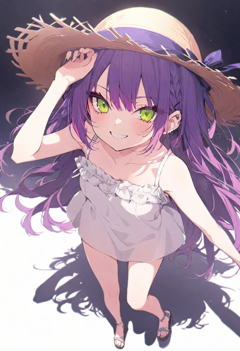 (muste piece), (best quality), (score_9, score_8_up, score_7_up), very detailed eyes, expressive eyes, perfect face, very detailed face, highly detailed face, beautiful girl, 8K, beautiful girl, white background, delicate and beautiful face and eyes, dark intense shadow,
1 girl, vtuber style, cool girl, hololive, Tokoyami Towa, purple hair, green eyes, white sundress, sleeveless dress, small chest, clavicle, one hand on head, one eye close winking, smile, ass visible through thighs, (full body), straw hat, naked thighs, sandals, standing, wind blowing,