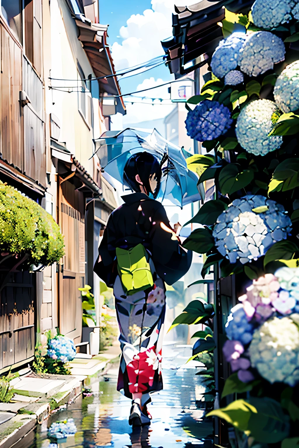 (One woman:1.5),(Adult women:1.5),(slender:1.3),Black Hair,short hair,Wearing a white yukata,Holding a white Japanese umbrella,Hydrangea in the foreground,Snail on a hydrangea leaf,Looking at hydrangeas,Sky after rain,Puddle on the ground