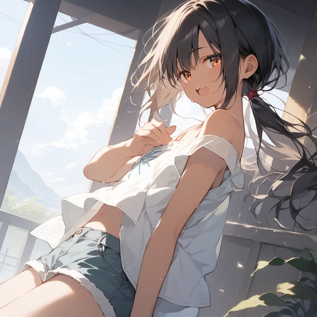 score_9, score_8_up, score_7_up, source_anime, best quality, masterpiece, official art, absurdres, highres, ultra-detailed,waifu2x,Collection: Slice of Life,break,1girl, tomboy, dark-skinned female, short hair, low ponytail, flat chest, beautiful detailed eyes, short shorts, sweat, open mouth, (yawn:0.3), sleepily, outdoors, wind,break,(clear line illustration:1.2), super detailed skin,very high resolution, very aesthetic, Best sexual lighting powered by famous artist, 8k,cute picture,beauty illustration,photoshop_(medium),,(Detailed Lighting),best anime 8k konachan wallpaper, pixiv contest winner,