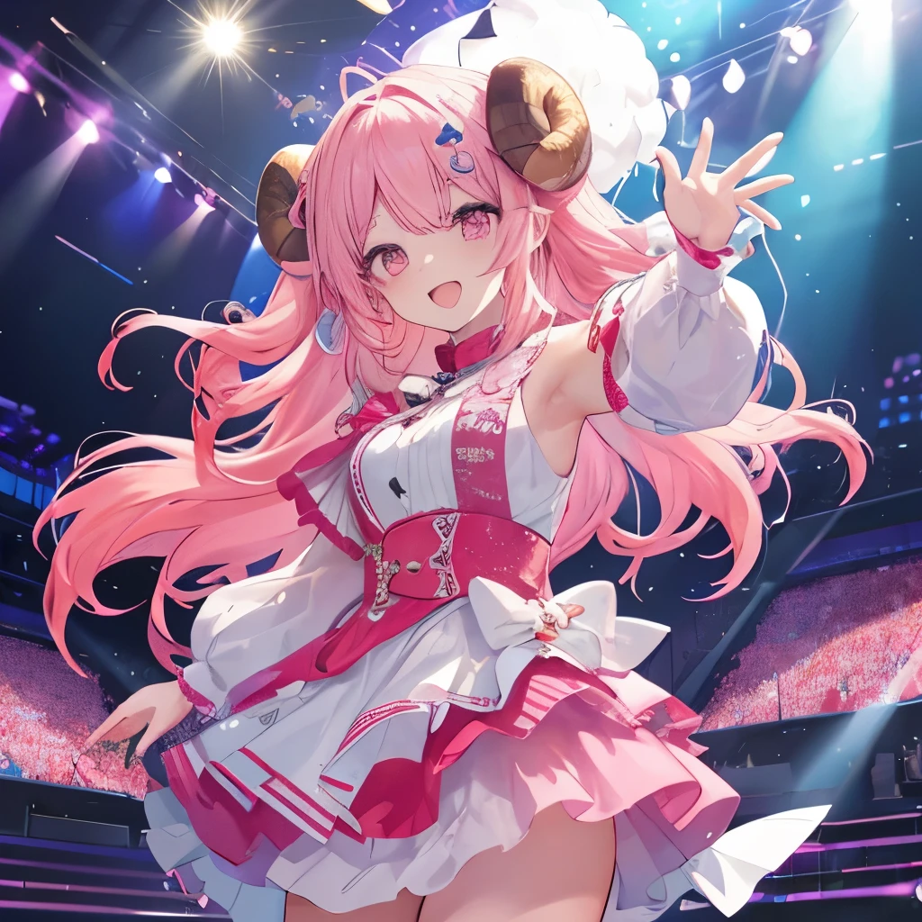 An anime-style illustration of ‘Fua-chan’ as a popular teen idol. Fua-chan has distinctive features: long pink hair styled in soft curls resembling sheep’s horns, and pink eyes. She is depicted wearing a trendy and eye-catching idol outfit, complete with vibrant colors, sparkling accessories, and a stylish microphone headset. She stands on a stage with a confident and energetic expression, striking a dynamic pose. The background shows a brightly lit concert stage with colorful lights, cheering fans, and musical notes, capturing the excitement and vibrant atmosphere of a live idol performance. Fua-chan’s charisma and popularity are evident as she captivates her teenage audience.