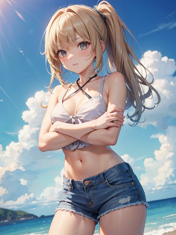 ((((Perfect Anatomy、非常にdetailedな肌))))、((Highest quality))、((masterpiece))、(detailed)、One woman、adult、aldult、Look this way、(Ultra-glossy skin with attention to detail:1.1)、Shiny skin、bangs、ponytail、(Light blonde:1.2)、(Beautiful eyes:1.3)、(hoodie)、Beautiful shoulders、Tank top、Wet、navel、Denim hot pants、Ocean、Sandy Beach、You can see the island in the distance、F Cup、(((Cross your arms)))、