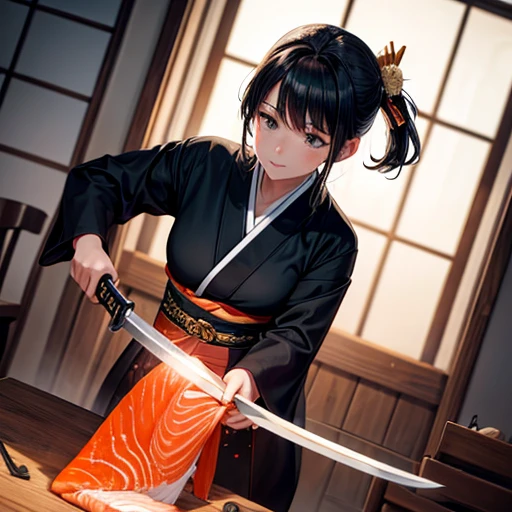 A woman in black kimono cutting salmon with a sword