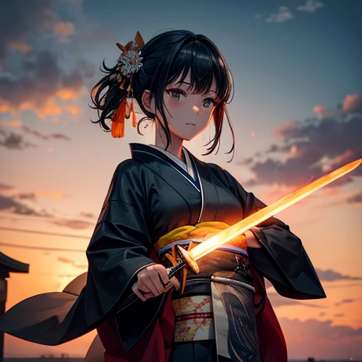 A woman in black kimono cutting salmon with a sword