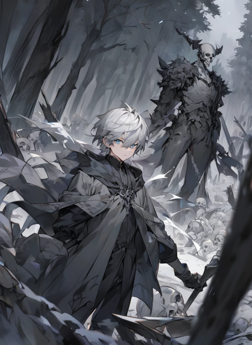 young man ,Male Dark, dark Woods, cold gray colors, man white hair with blue eye, Warlock dnd , Skeleton army in background