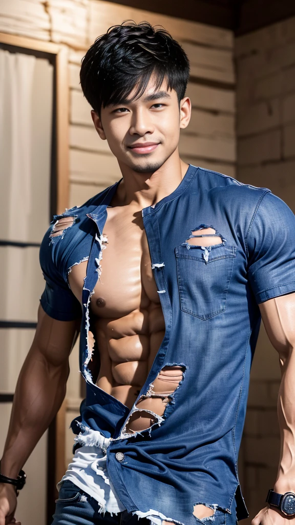 (Create a masterpiece), (CGI art),(realistic), (Sharp focus),  korean men 1 คนบาดเจ็บโดนจับมัด, (Wear a navy tight T-shirt..), jeans, korean men, chest muscles, large arm muscles, blood vessel, big muscles, Broad shoulders, looking at the audience, Balancing eye contact), (Big bulge: 1.4), (Torn shirt: 1.5), (Torn shirtวิ้น: 1.6), (Close your eyes..), (smile: 1.3), (Blood stains.: 1.2) ,นั่งบนโต๊ะในprisonมืด ,chip, His arms were tied with rope.., Hands crossed behind your back..,((Torn injection shirt)), ((Torn shirt)), , Abrasions on the body... ,Abrasions,( blood splatter), Abrasions on the face , Chain from hitting the ceiling ,prison 