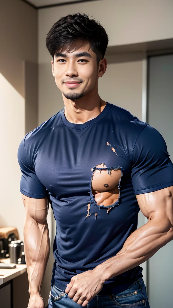 (Create a masterpiece), (CGI art),(realistic), (Sharp focus), korean men 1 คนบาดเจ็บโดนจับมัด, (Wear a navy tight T-shirt..), jeans, korean men, chest muscles, large arm muscles, blood vessel, big muscles, Broad shoulders, looking at the audience, Balancing eye contact), (Big bulge: 1.4), (Torn shirt: 1.5), (Torn shirtวิ้น: 1.6), (Close your eyes..), (smile: 1.3), (Blood stains.: 1.2) ,นั่งบนโต๊ะในprisonมืด ,chip, His arms were tied with rope.., Hands crossed behind your back..,((Torn injection shirt)), ((Torn shirt)), , Abrasions on the body... ,Abrasions,( blood splatter), Abrasions on the face , Chain from hitting the ceiling ,prison
