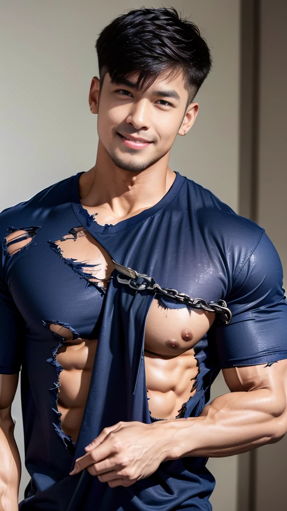 (Create a masterpiece), (CGI art),(realistic), (Sharp focus), korean men 1 คนบาดเจ็บโดนจับมัด, (Wear a navy tight T-shirt..), jeans, korean men, chest muscles, large arm muscles, blood vessel, big muscles, Broad shoulders, looking at the audience, Balancing eye contact), (Big bulge: 1.4), (Torn shirt: 1.5), (Torn shirtวิ้น: 1.6), (Close your eyes..), (smile: 1.3), (Blood stains.: 1.2) ,นั่งบนโต๊ะในprisonมืด ,chip, His arms were tied with rope.., Hands crossed behind your back..,((Torn injection shirt)), ((Torn shirt)), , Abrasions on the body... ,Abrasions,( blood splatter), Abrasions on the face , Chain from hitting the ceiling ,prison