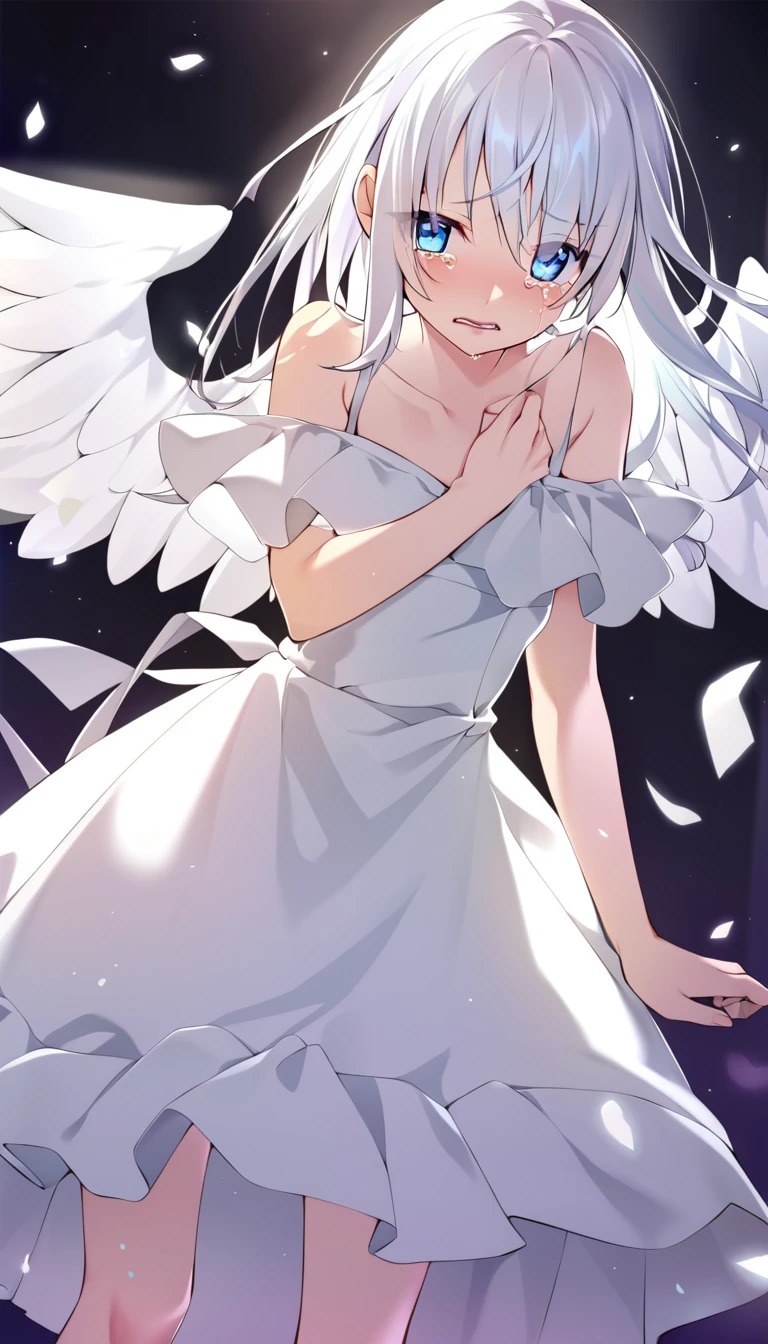 one girl, fallen angel, angel wing, angel ring, sacred, cute, naive, crying, 15 years old, beautiful, light blue eyes, white dress, white hair