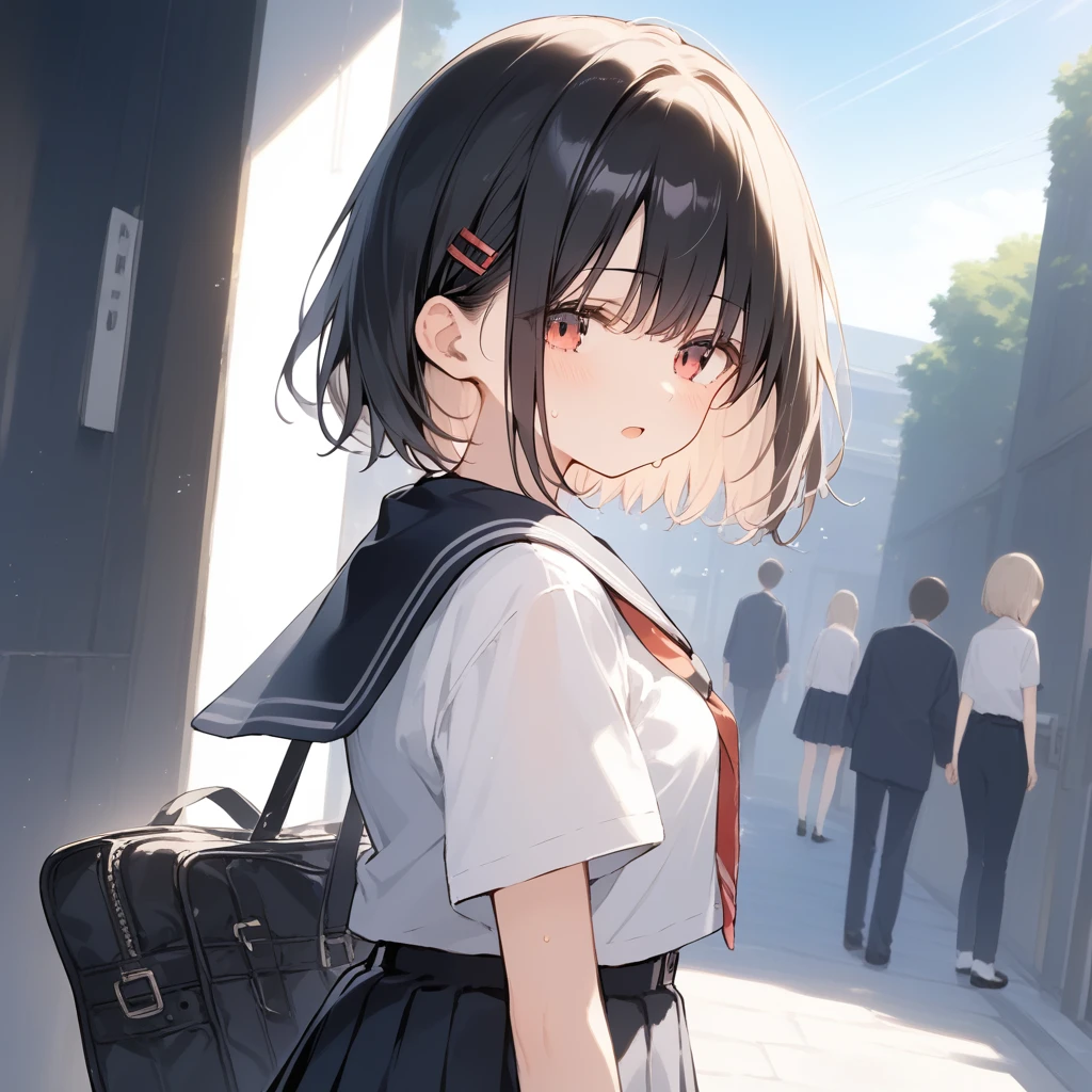 score_9, score_8_up, score_7_up, source_anime, best quality, masterpiece, official art, absurdres, highres, ultra-detailed,waifu2x,Collection: Slice of Life,break,1girl, short hair, slender, androgynous, expressionless, small breasts, beautiful detailed eyes, school_uniform, pleated skirt, sweat, open mouth, sleepily, outdoors, in the School commute route. break,(clear line illustration:1.2), super detailed skin,very high resolution, very aesthetic, Best sexual lighting powered by famous artist, 8k,cute picture,beauty illustration,photoshop_(medium),,(Detailed Lighting),best anime 8k konachan wallpaper, pixiv contest winner, 