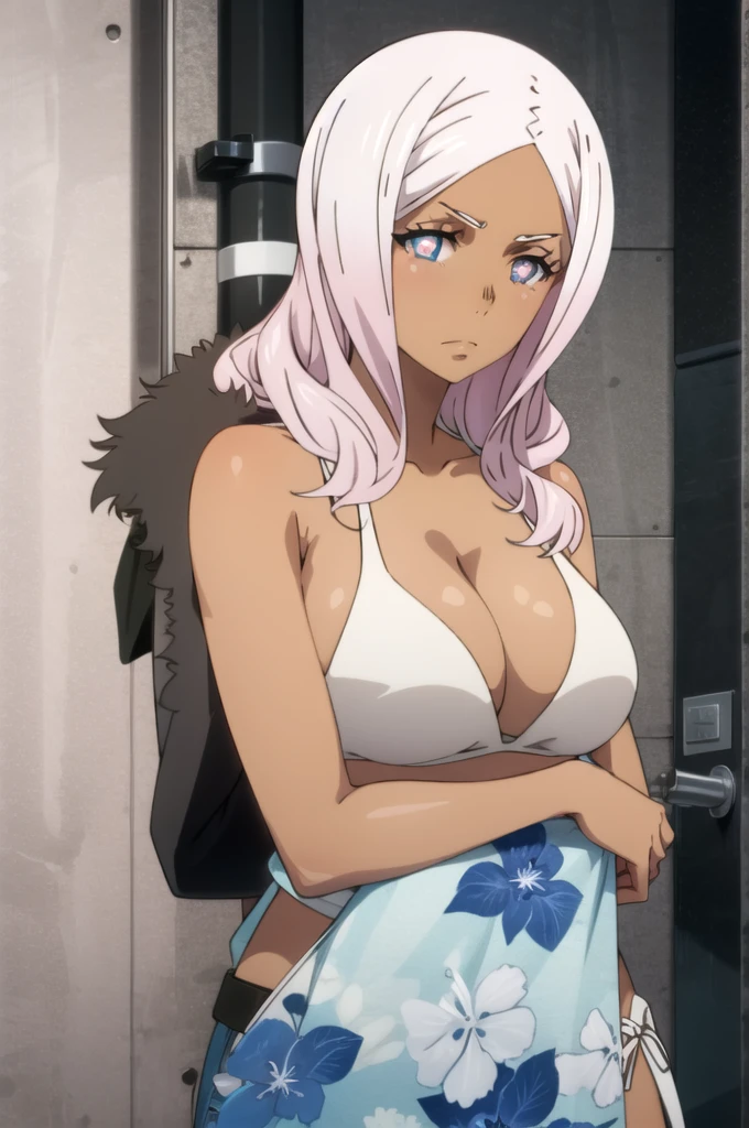 tall body, tall, long legs, mature female, mature, adult, eft_FireForce_Hibana, 1girl, solo, dark skin, dark-skinned female, breasts, symbol-shaped pupils, cleavage, long hair, white hair, blue eyes, parody, pink hair, looking at viewer, upper body, small bikini, white bikini, bare shoulders,