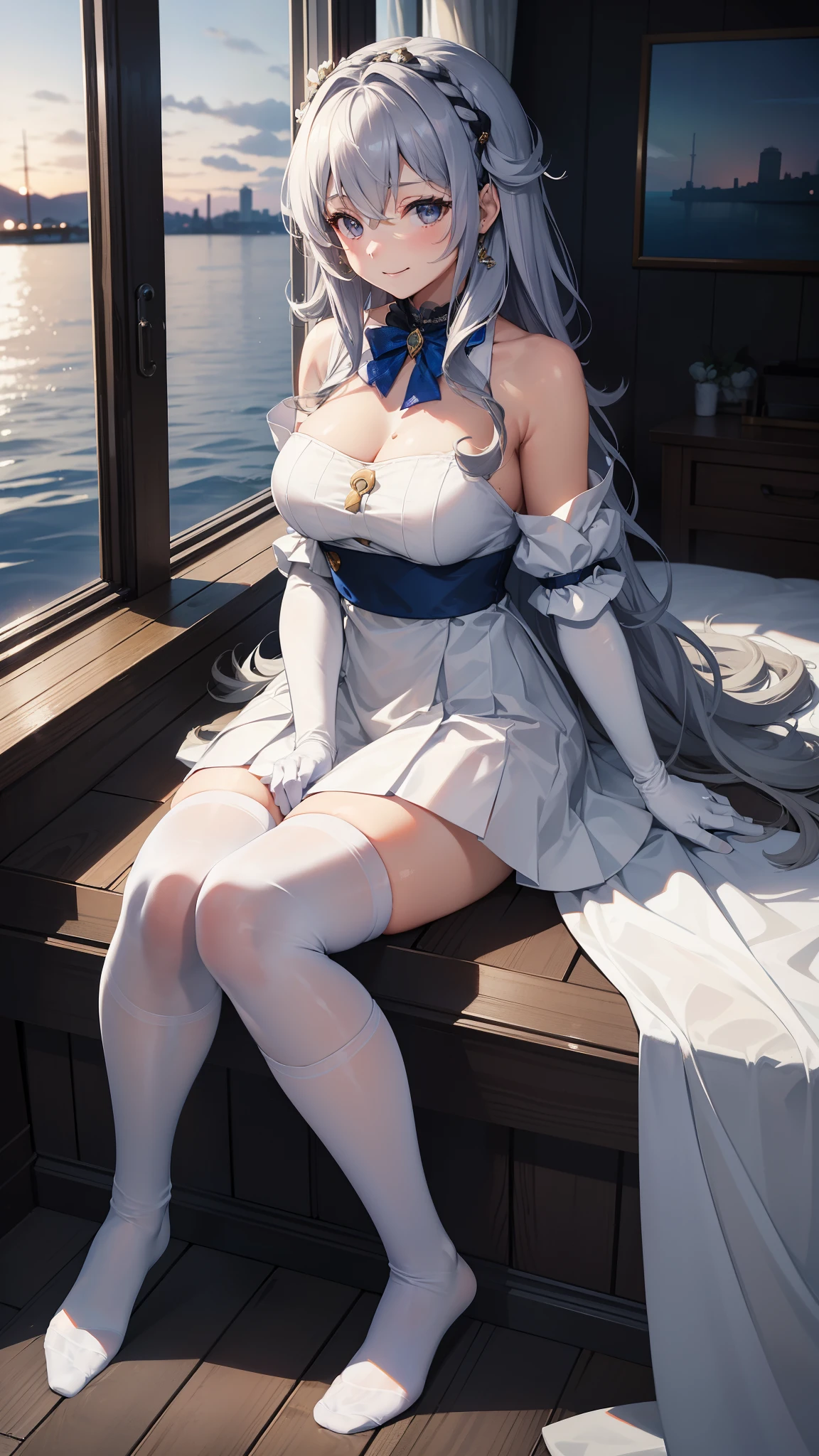 (NSFW, Highest quality, Masterpiece, One girl, Alone, Ferry, Long Hair, Ferry Base, Knee socks, Exposing shoulders, Jewelry, No sleeve, White Dress, Blue Skirt, Gloves, Bedroom, Bed, Wooden floor, Sitting, Sitting on bed, Placing her hands under her chin, Smile, Soft lighting, Whole body, Curvaceous, Medium bust)

She found herself alone in the quiet ferry base during the early morning hours. The soft lighting cast a warm glow on her long, wavy hair that cascaded down her back. She was dressed in a white dress that exposed her shoulders,