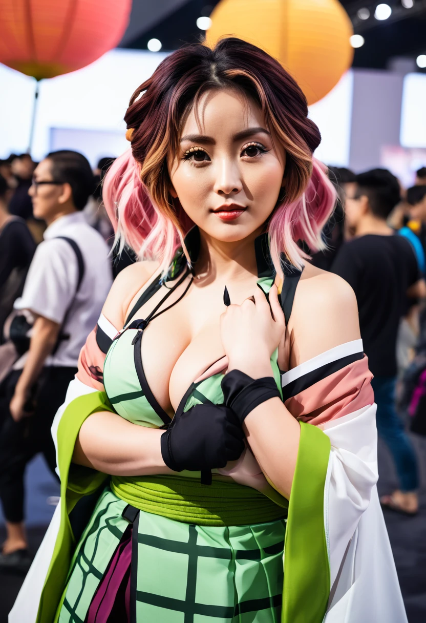 Sexy asian woman, big breasts, mitsuri character outfit from demon slayer, anime expo event background