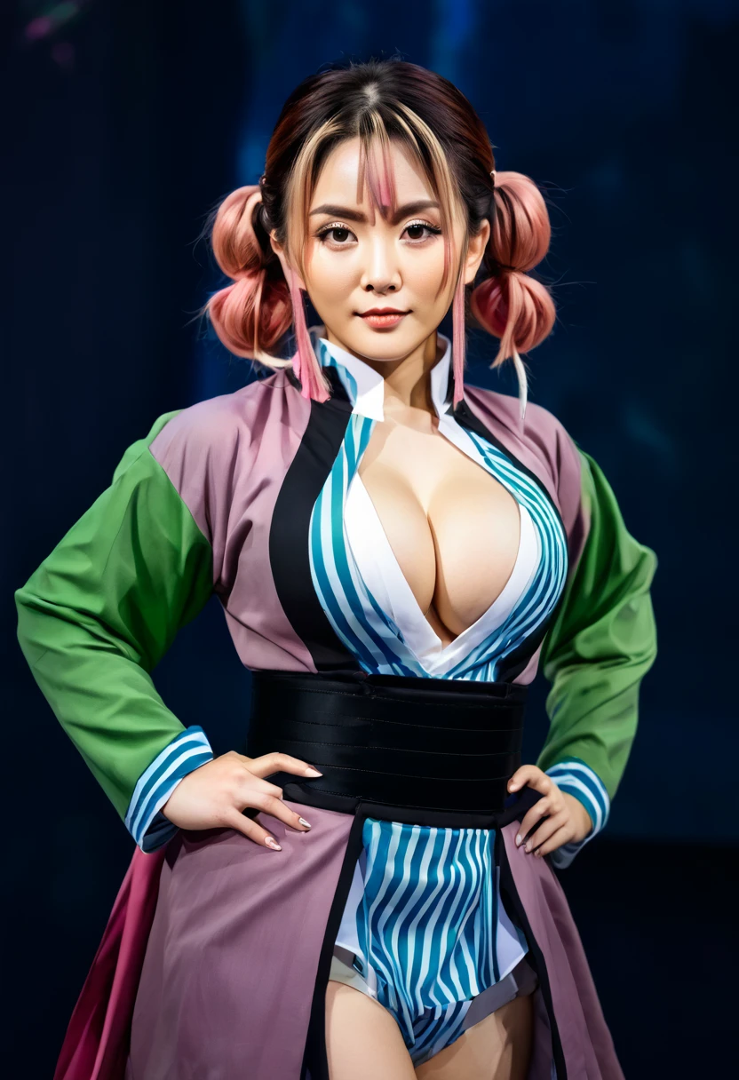 Sexy asian woman, big breasts, mitsuri character outfit from demon slayer, anime expo event background