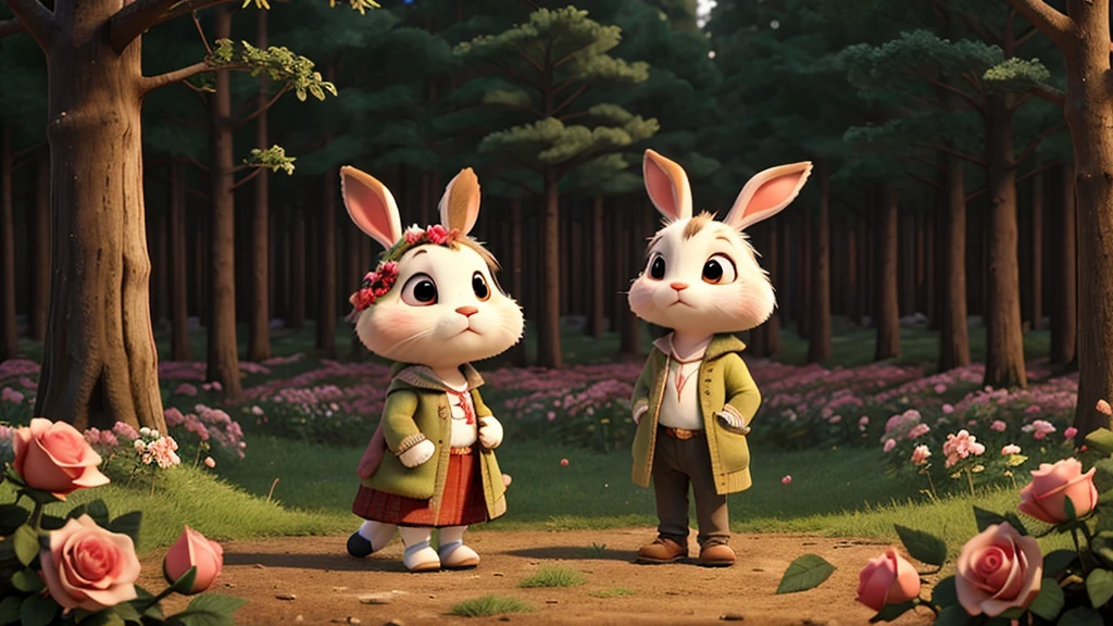 Raise a very sad bunny in a forest of roses