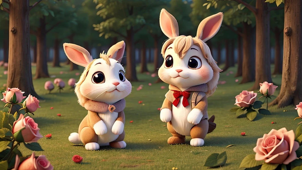 Raise a very sad bunny in a forest of roses