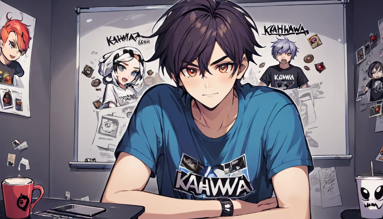 A gamer guys with tshirt has logo Kahwaa and cup of coffé plans on a whiteboard with pictures and papers hung on it, evil dark room , there is a scary faces and Puzzles on the wall,his tshirt has this Kahwaa name