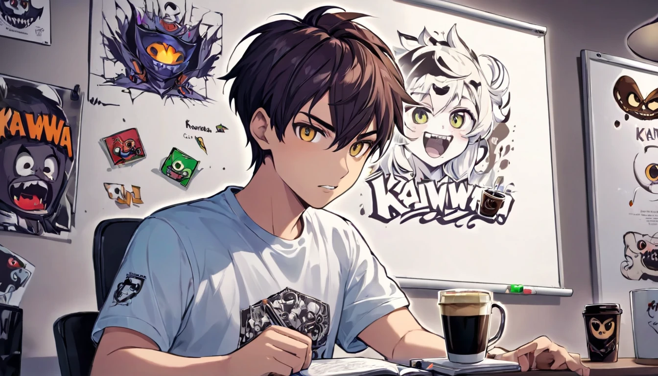 A gamer guys with tshirt has logo Kahwaa and cup of coffé plans on a whiteboard with pictures and papers hung on it, evil dark room , there is a scary faces and Puzzles on the wall,his tshirt has this Kahwaa name

