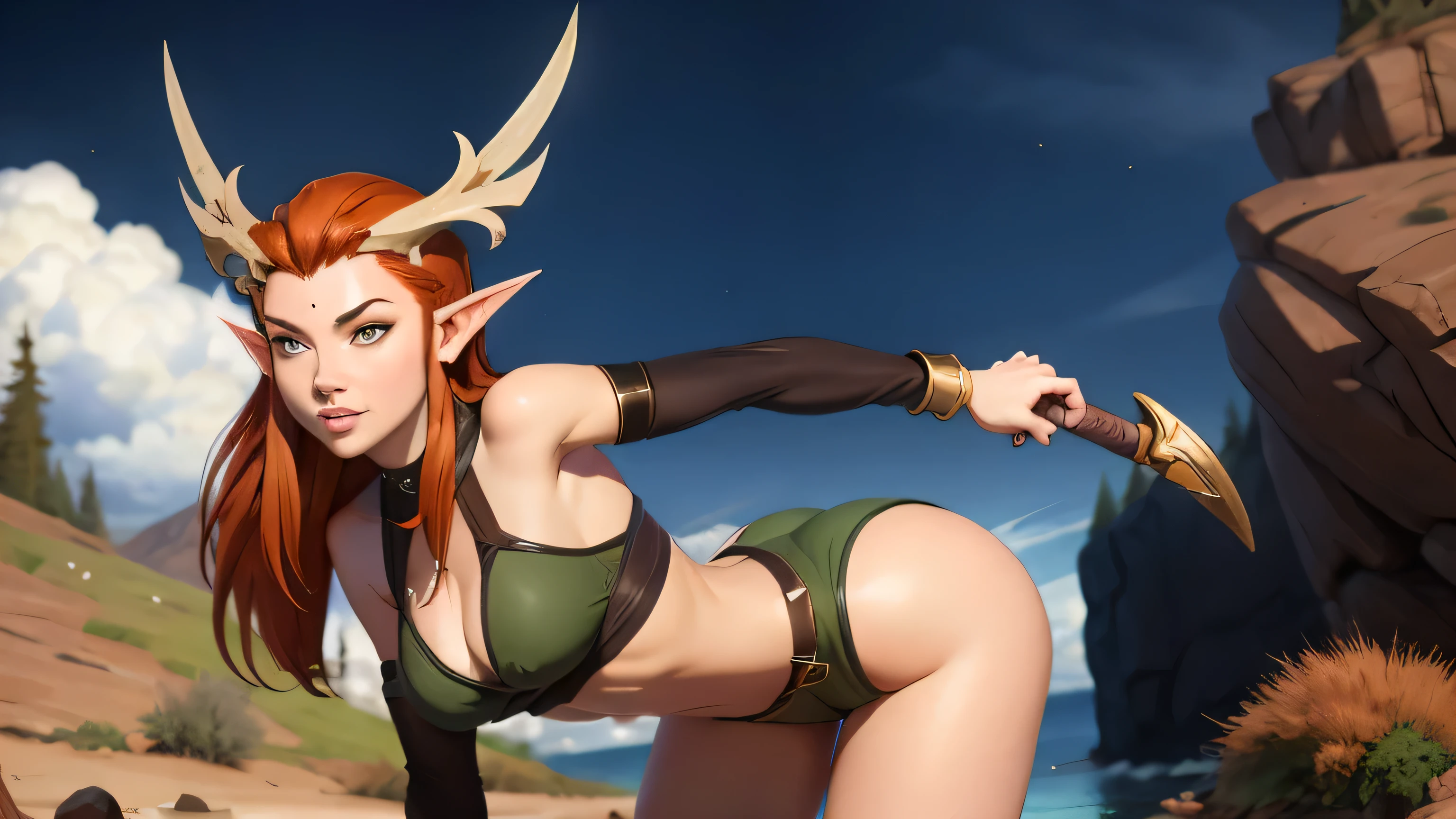 sexy female elf. red hair, druid, sexy pose, action pose, hot ass