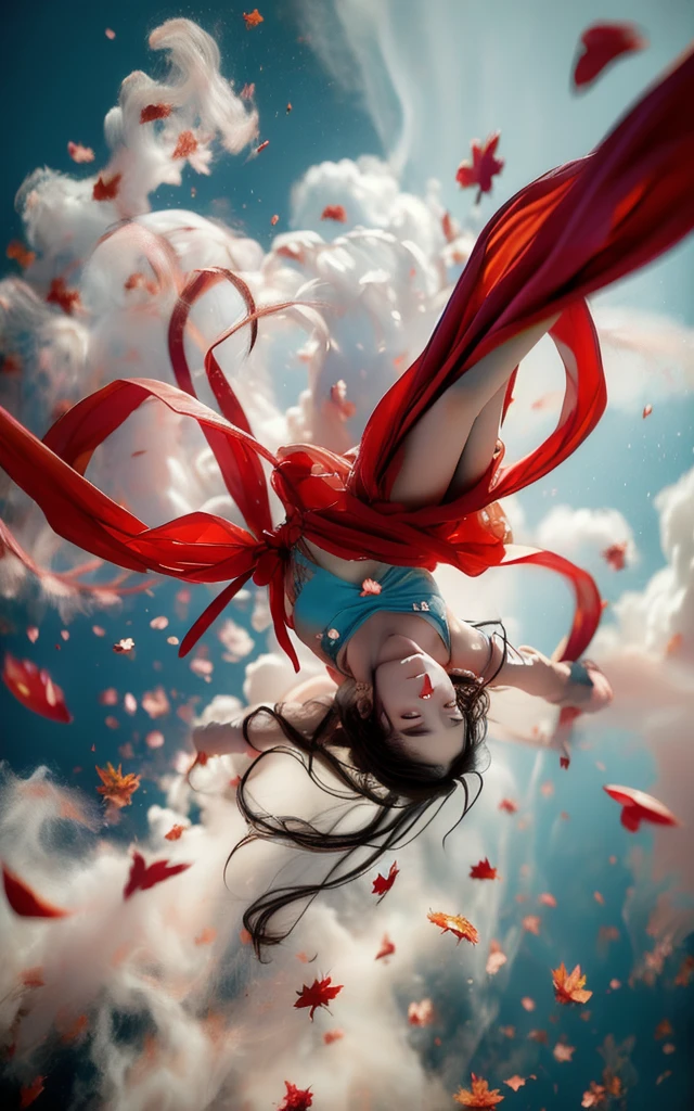 xuer Fairy in Clouds,Clouds,Fog,smoke,(full body:1.1),Fly,(float,fall:1.4),Dynamic Angle,Perspective,
medium breasts,(Scattered petal:1.3),Cyan red ribbon,
long hair,