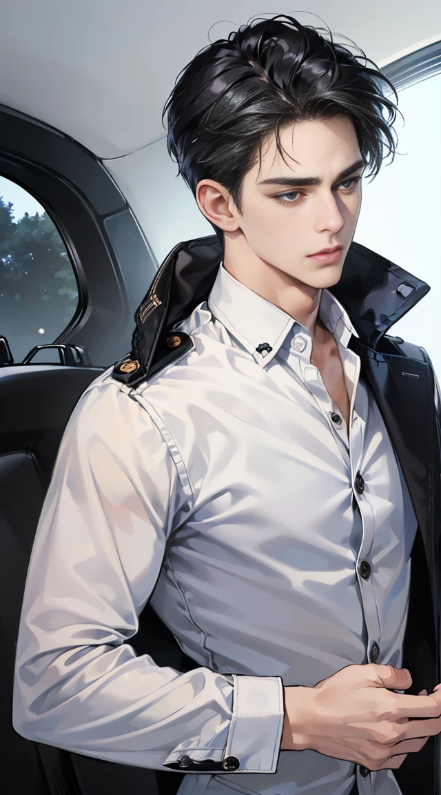 (best quality, masterpiece, 8K, Practical, light, 1:4 HDR images, Very detailed, Beautiful photos of men, very handsome, ((Cold expression)), Black short hair, Black eyes, Flawless face,Flawless, ((Button up my jacket, Chief Executive Officer))