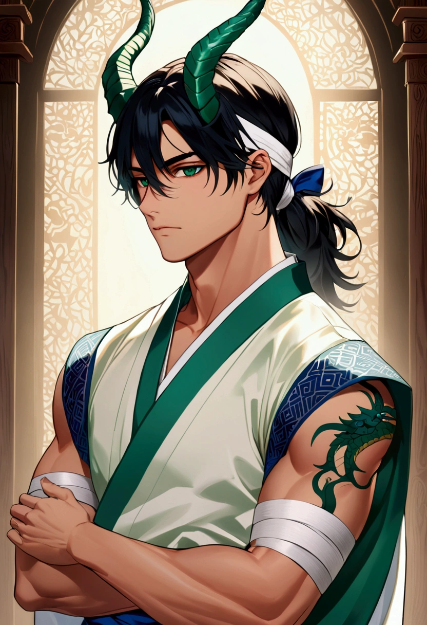 muscular young man, skin fair, black hair, short and a little cut at the top, a thick fringe that covers the right side of the face and keeps the rest tied in a ponytail, olhos verdes esmeralda,dragon horns, A white kimono , designed with blue details, along with a blue band to hold it, bandage on your arms