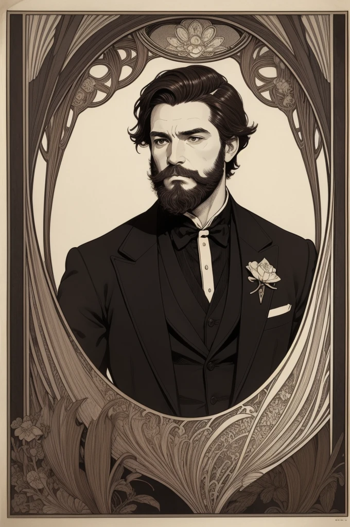 1man, Art Nouveau style, thick ink lines, Portrait, Masterpiece, man, Wear a brown suit shirt., The beard is very short., Very short dark brown hair, Poster Sheet Old Paper Wanted