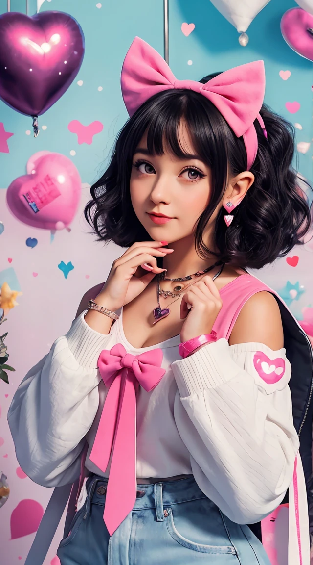 ((masterpiece, best quality)), 1 Girl, (Mature female:1.4), 130mm f1.4 lens, 1 Girl, Solitary, Pointed ears, Heart-shaped pupil, Micro Clothing, nice headpiece，Heart-shaped bow，earrings，necklace，Bracelet，Light colors, saturation, rich and colorful, Black Hair, Colorful eyes