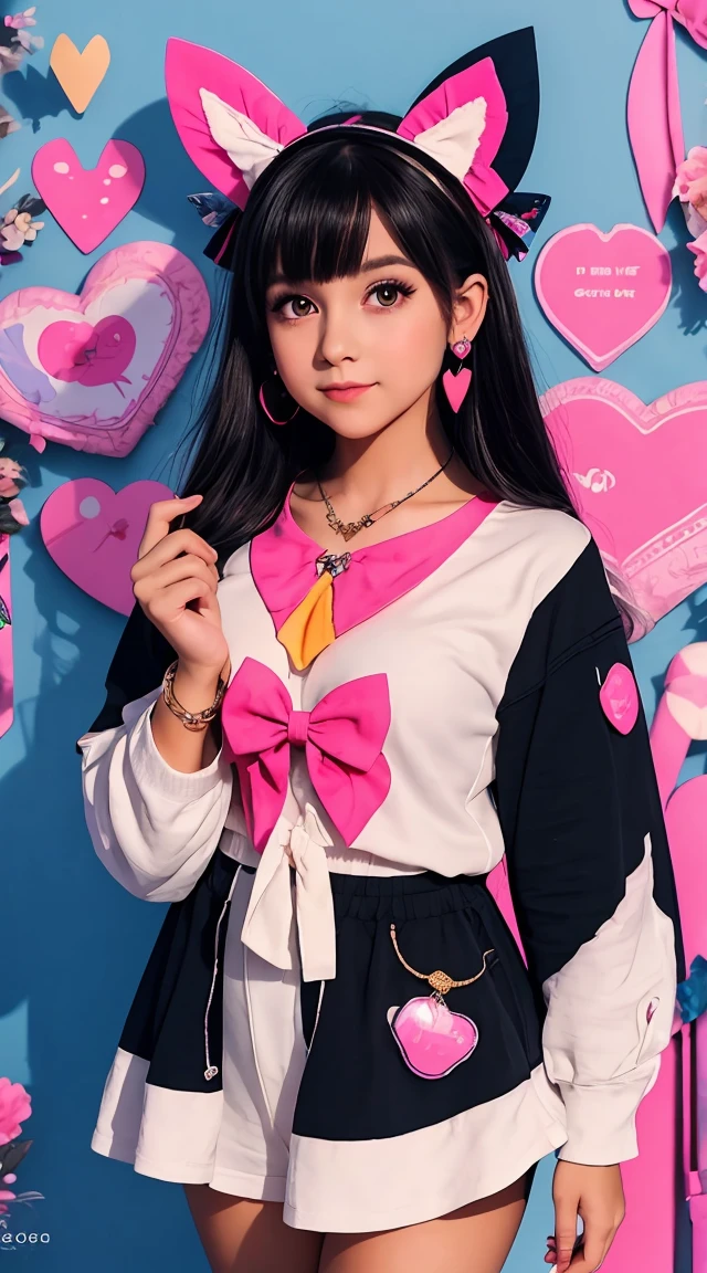 ((masterpiece, best quality)), 1 Girl, (Mature female:1.4), 130mm f1.4 lens, 1 Girl, Solitary, Pointed ears, Heart-shaped pupil, Micro Clothing, nice headpiece,Heart-shaped bow,earrings,necklace,Bracelet,Light colors, saturation, rich and colorful, Black Hair, Colorful eyes