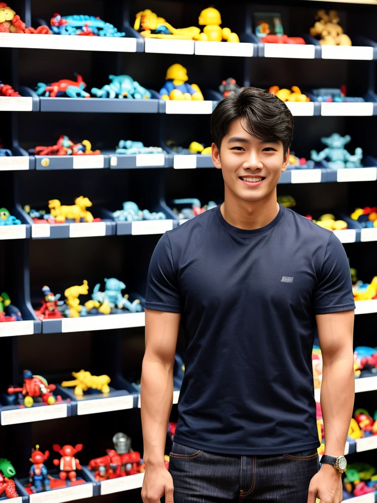 single: 1.5, (ที่TRUEแล้ว, Masterpiece, 8k HD, good light quality, sportswear, to fit the face, complicated details), A handsome Korean man with muscular arms.. , 20 years old, be happy, smile brightly, detailed face, delicate eyes, look at the sky, Wear a navy tight T-shirt..:1.6 ,Wear a denim coat.., Jeans era, black eyes, Black hair color, ผมsmooth, smooth，SurTRUE，Excellent details，Highest quality，TRUE，Open your mouth to talk.. , Close your eyes.., (standing in a toy store:1.5)