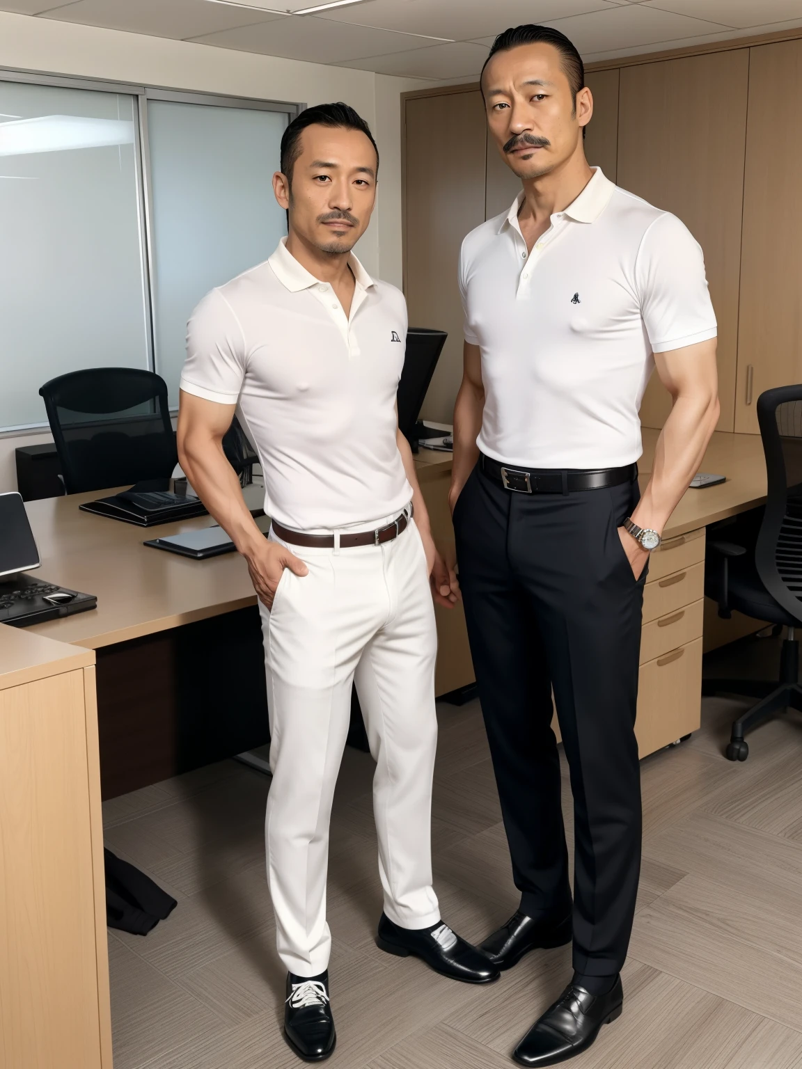 40 years old，Hidetoshi Nakata，（Kogoro Mori 1.3），Two skinny muscular men standing，office，whole body，Black socks，Thick body hair，White underwear，Topless，Densely hairy，Fortitude，HD，With a mustache，Polo Shirt