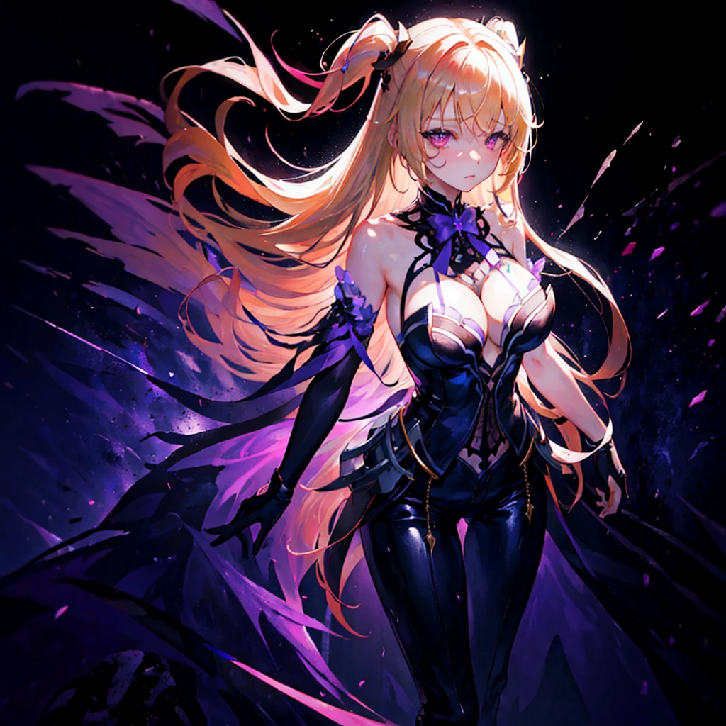 (1 girl, standing alone, AngelT), pink eyes, blonde hair with purple tips, long straight hair, black pants, partially nude, tempting outfit, tattoo marks on the body, wings, gaping mouth, looking ahead at viewer, eyes wide open, confused expression, black goddess, Veil on head, sleeveless divine outfit,ultra realistic skin, breasts big, air of mystique