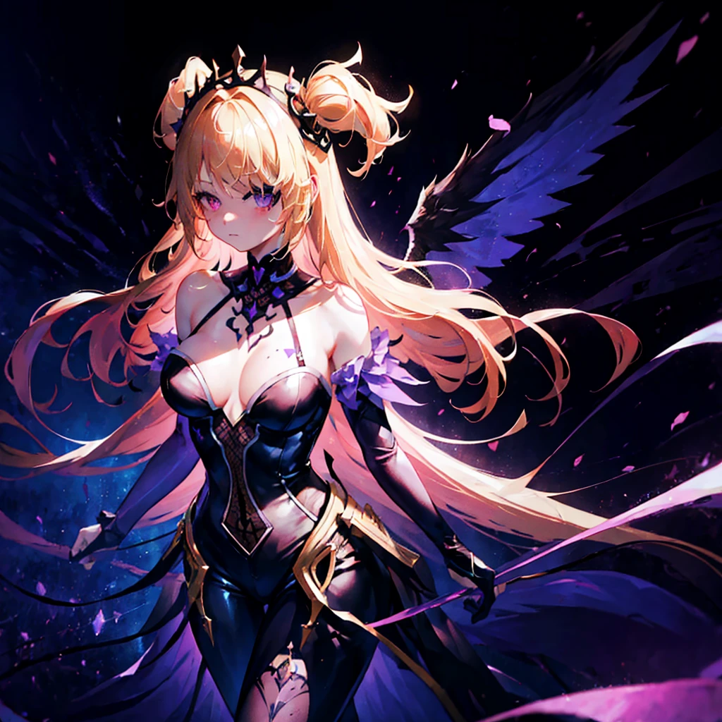 (1 girl, standing alone, AngelT), pink eyes, blonde hair with purple tips, long straight hair, black pants, partially nude, tempting outfit, tattoo marks on the body, wings, gaping mouth, looking ahead at viewer, eyes wide open, confused expression, black goddess, Veil on head, sleeveless divine outfit,ultra realistic skin, breasts big, air of mystique