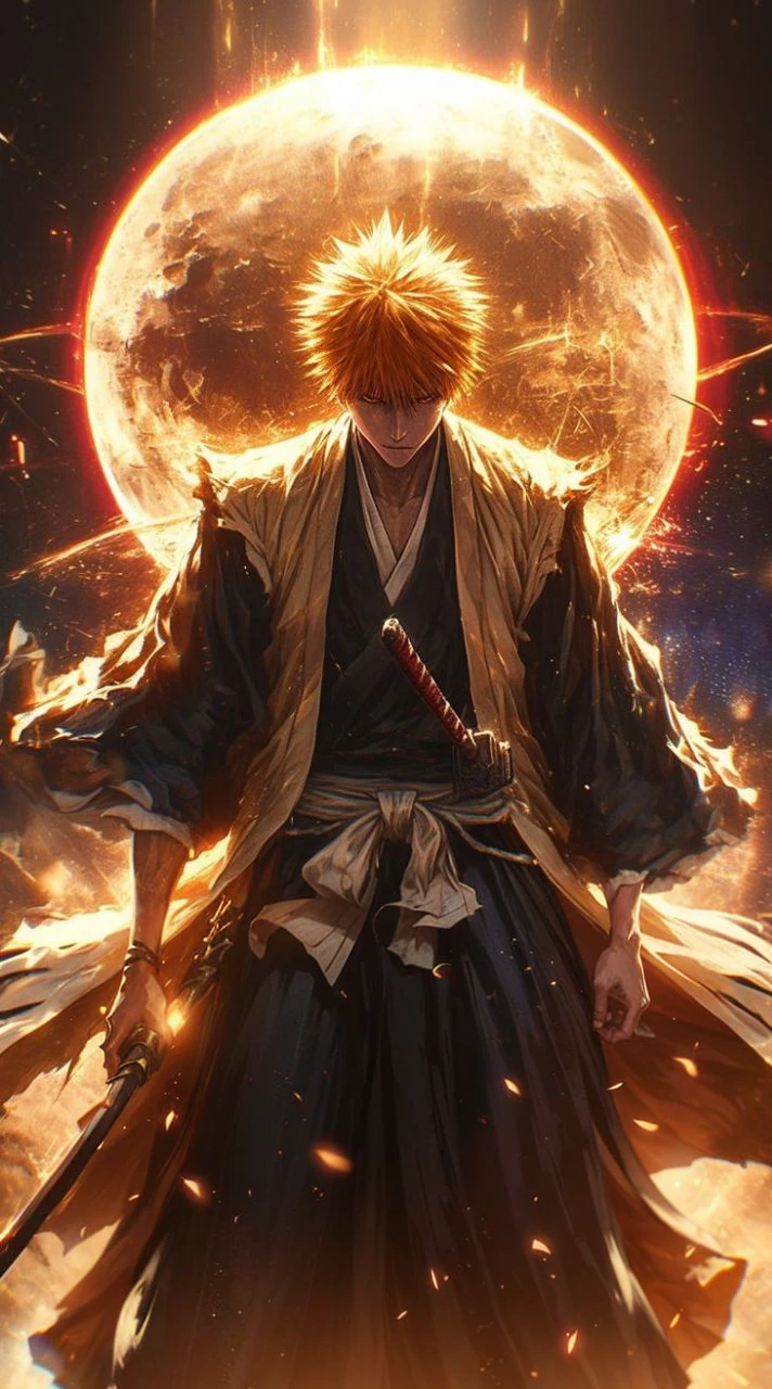 Create an image of Ichigo Kurosaki from Bleach, highly detailed and visually stunning. Include his iconic orange hair, determined expression, and his Shinigami outfit. Show him in a dynamic action pose, wielding his Zanpakuto with powerful energy emanating from it. The background should enhance the dramatic effect, with dark, swirling clouds and bursts of light. Make sure to capture the essence of his character and the intensity of the battle.