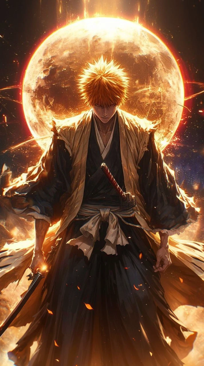 Create an image of Ichigo Kurosaki from Bleach, highly detailed and visually stunning. Include his iconic orange hair, determined expression, and his Shinigami outfit. Show him in a dynamic action pose, wielding his Zanpakuto with powerful energy emanating from it. The background should enhance the dramatic effect, with dark, swirling clouds and bursts of light. Make sure to capture the essence of his character and the intensity of the battle.